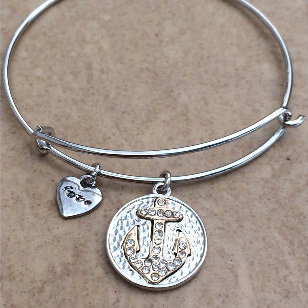 Silver Tone Crystal Beach Anchor Bangle Bracelet